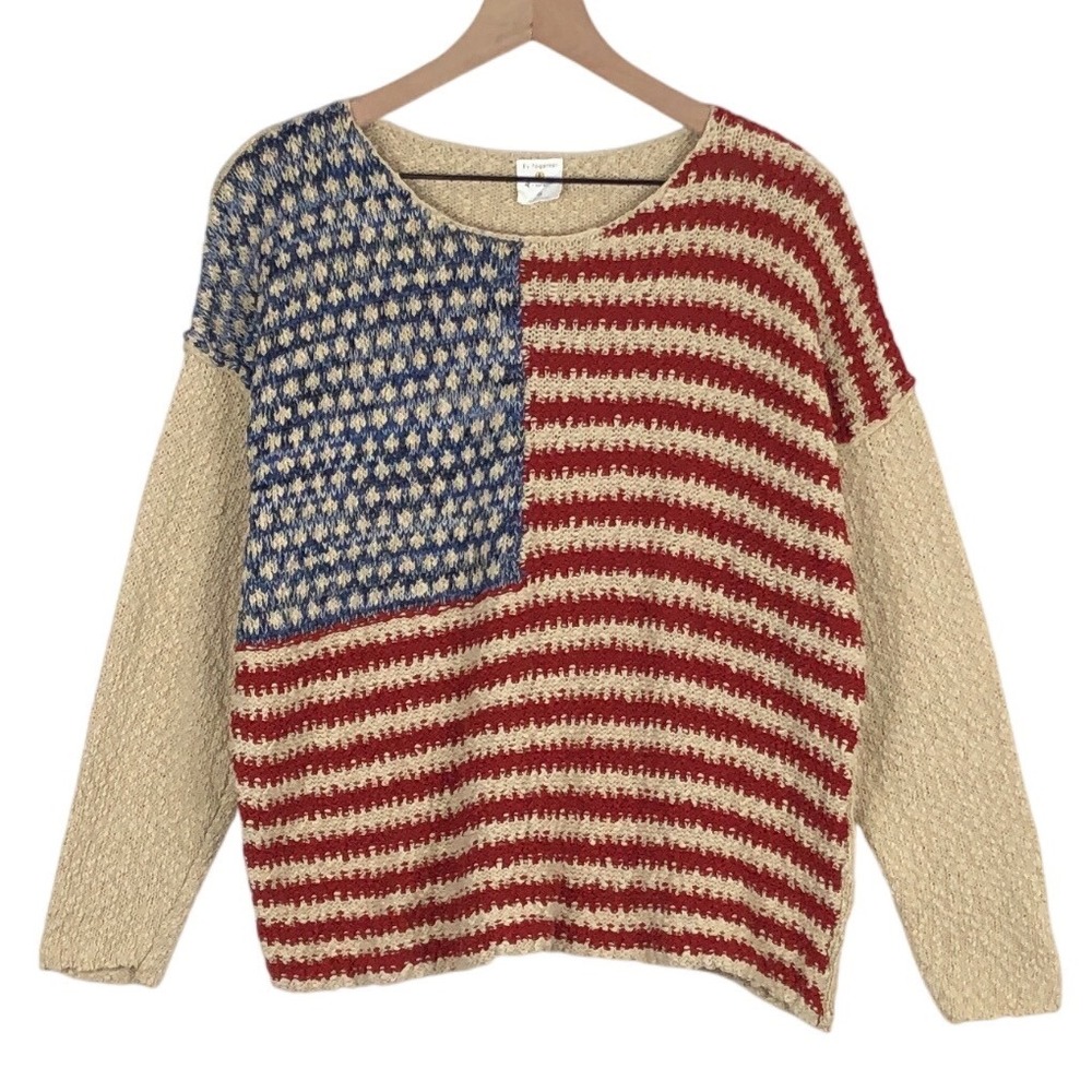 By Together American Flag 100% Cotton Knit Sweater Sz M Red Blue Cream Patriotic